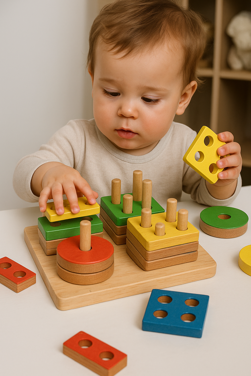 Wooden Shape Sorter Board – Montessori Geometric Stacker