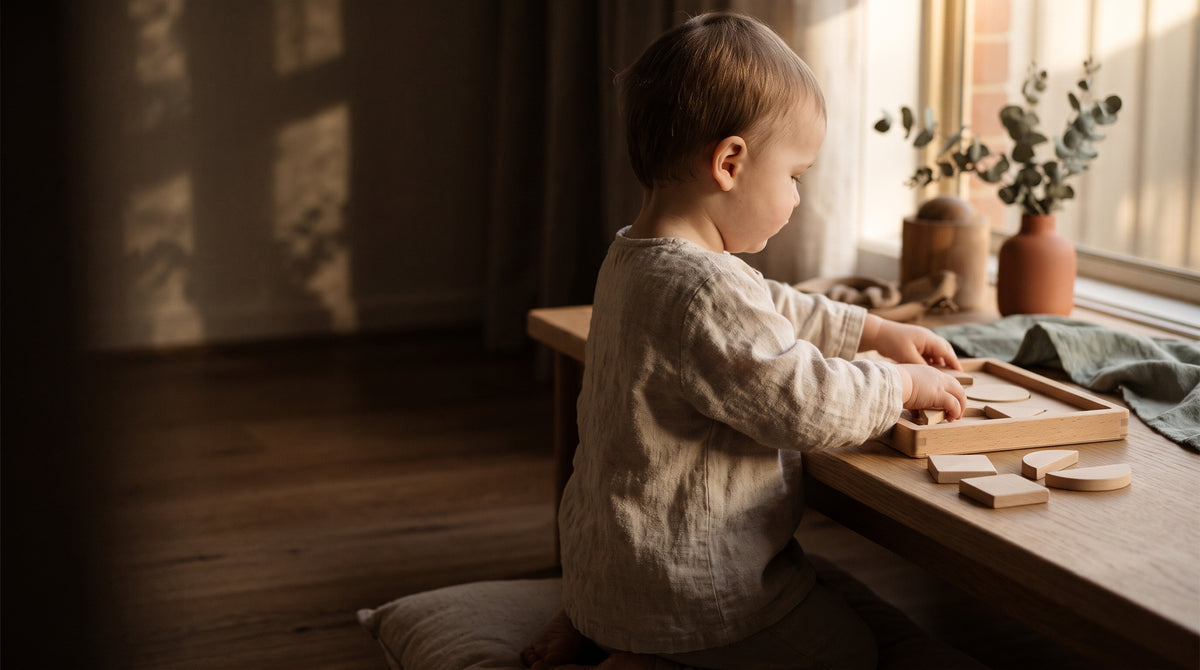Child fitting wooden puzzle shapes at a low oak table in warm afternoon light