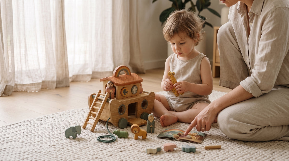 Toddler playing with the Crib & Crown wooden Noah's Ark playset beside a parent on a cream rug