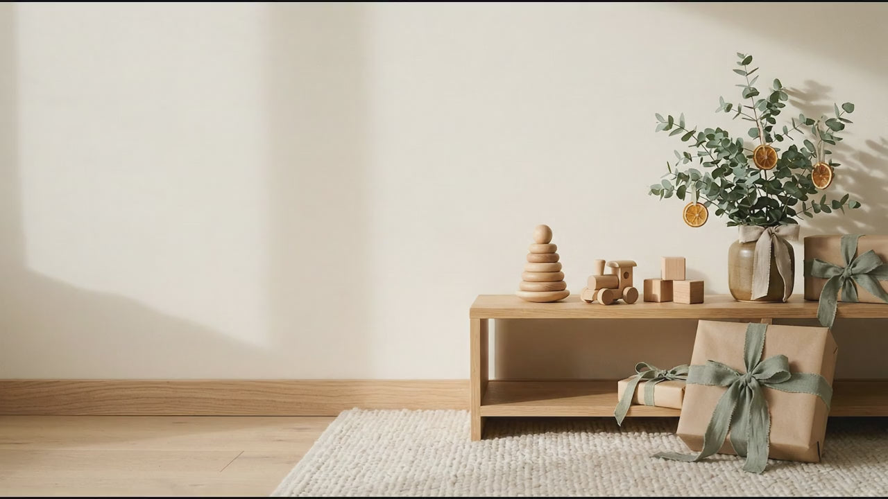 Slow pan across a sunlit shelf of wooden toys and Christmas gifts