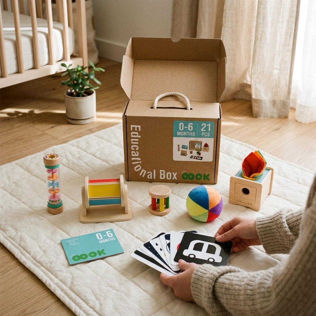Montessori Toy Box 0–6 months set on a nursery play mat with black and white cards