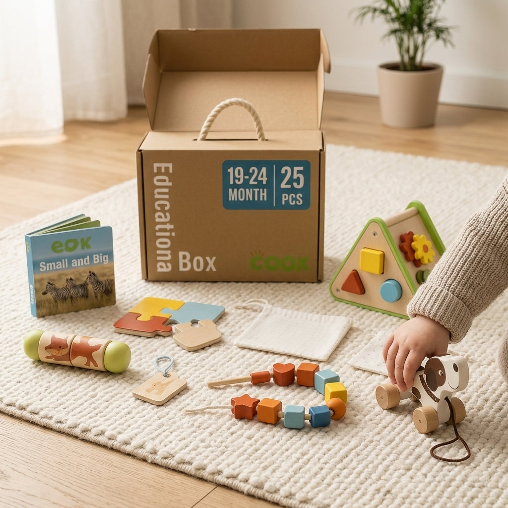 Toddler playing with the Montessori Toy Box 19–24 months toys