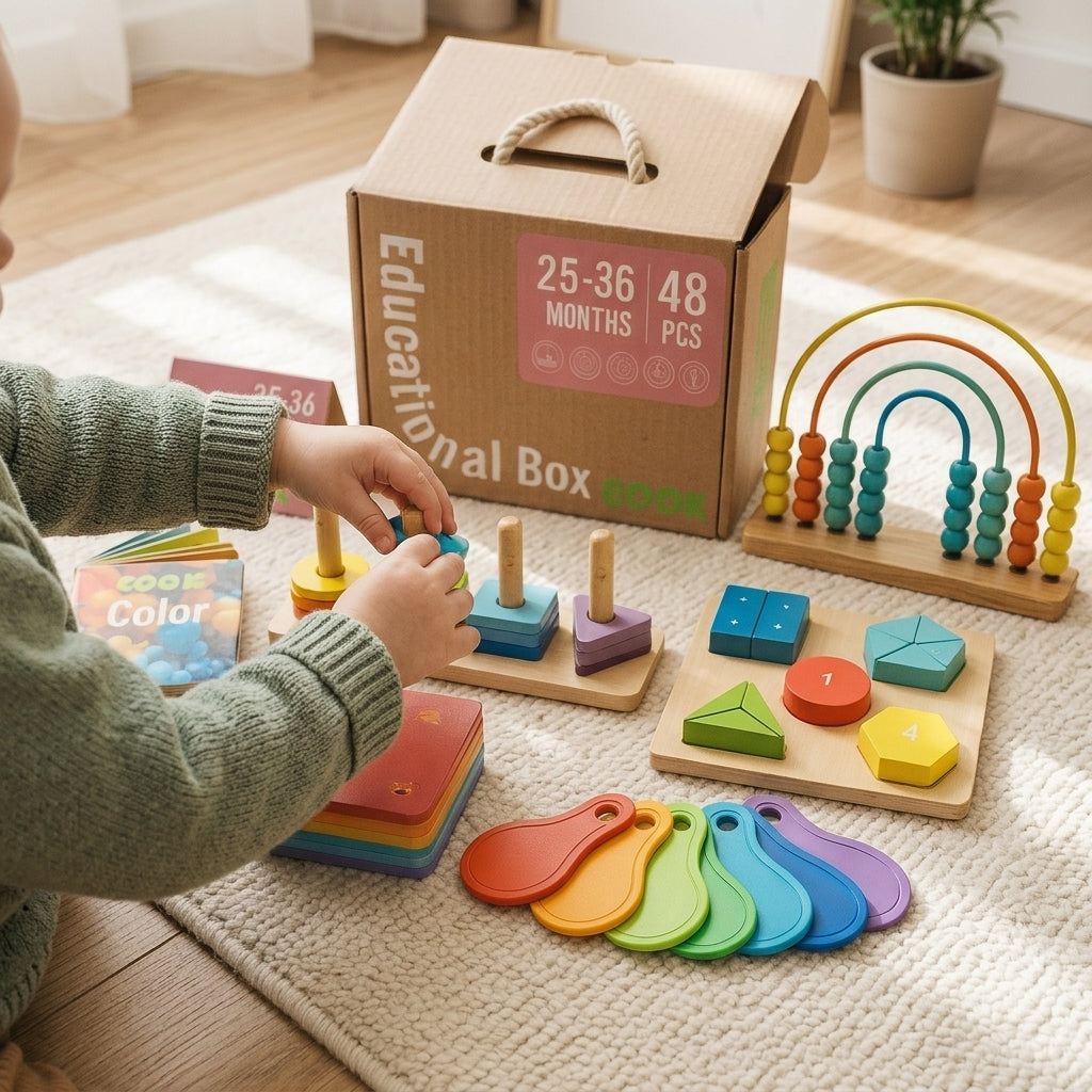 Child playing with the Montessori Toy Box 25–36 months toys