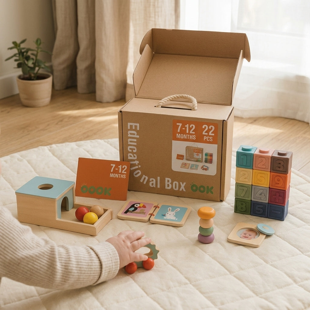 Baby reaching for toys from the Montessori Toy Box 7–12 months